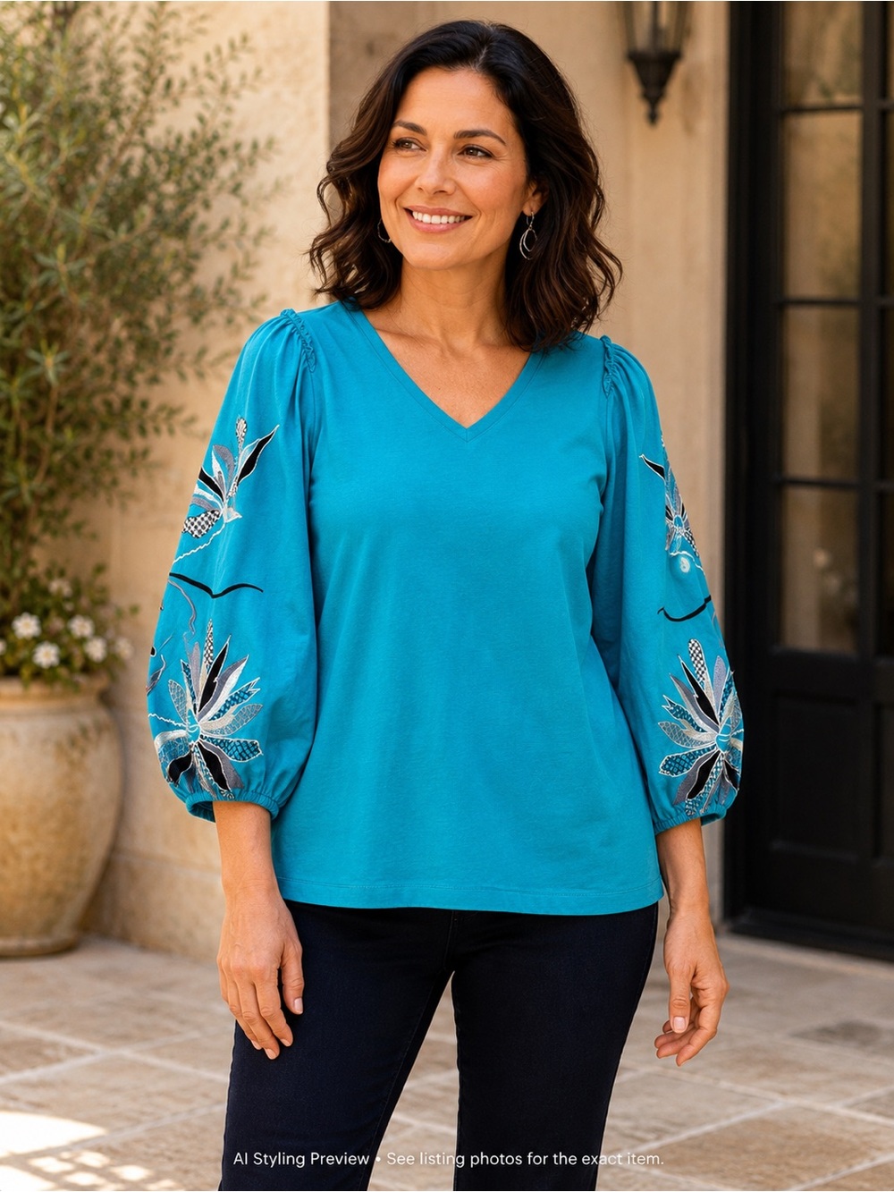 Chico’s Size 2 US L Teal Embroidered Balloon Sleeve Boho Top